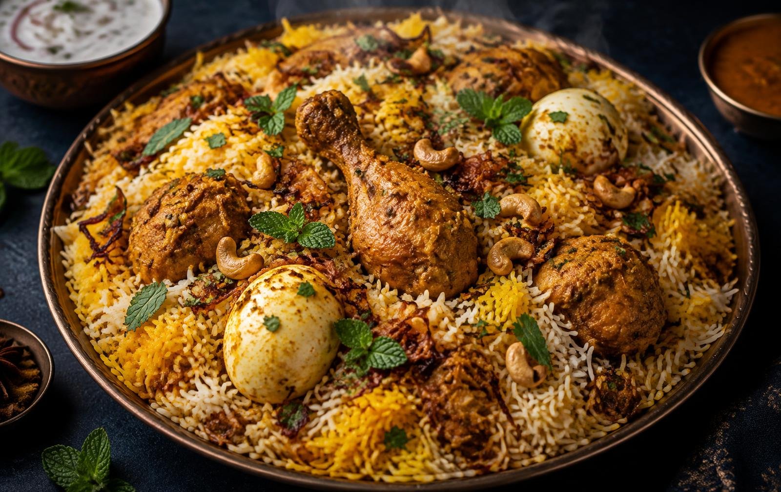 Cinematic platter of royal Hyderabadi dum biryani with saffron basmati, chicken, cashews, and golden eggs